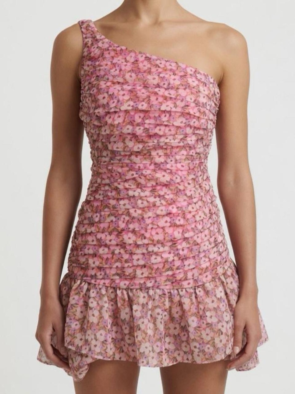 Pink floral one shoulder ruched mini dress with ruffleled hem, size XS.